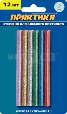 Клей для клеевого пистолета ПРАКТИКА цветные, 6 цветов, металлик, 7 х 100 мм, 12шт / блистер купить в Хабаровске