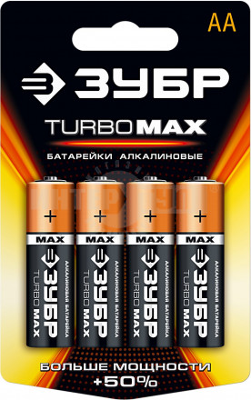 Щелочная батарейка 1.5 В, тип АА, 4 шт, ЗУБР Turbo-MAX купить в Хабаровске
