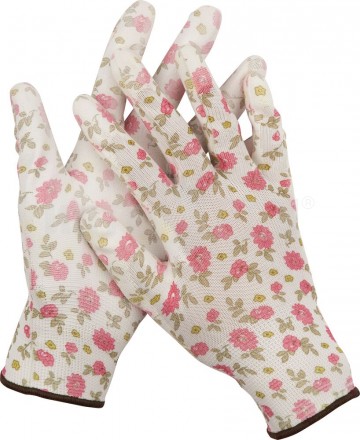 Перчатки GRINDA садовые, прозрачное PU покрытие, 13 класс вязки, бело-розовые, размер L купить в Хабаровске