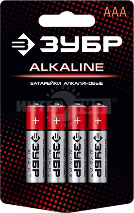 Батарейка "ЗУБР" "ALCALINE" щелочная (алкалиновая), "AAA", 1,5В, 4шт [2]  купить в Хабаровске