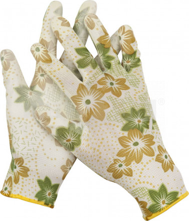 Перчатки GRINDA садовые, прозрачное PU покрытие, 13 класс вязки, бело-зеленые, размер S [2]  купить в Хабаровске
