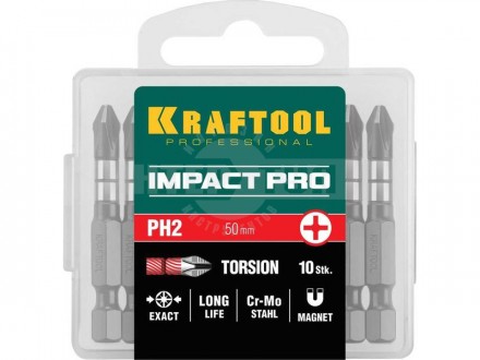 Биты KRAFTOOL Impact Pro, Philips, тип хвостовика E 1/4", PH2, 50мм, 10шт, в пластиковом боксе [4]  купить в Хабаровске