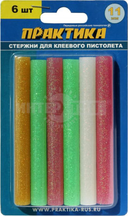 Клей для клеевого пистолета ПРАКТИКА цветной, с блестками, 11 х 100 мм, 6шт / блистер купить в Хабаровске