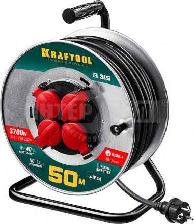 К-315 удлинитель на катушке  50 м 3700 Вт 4 гнезда IP44 КГ 3x1,5 кв мм KRAFTOOL купить в Хабаровске