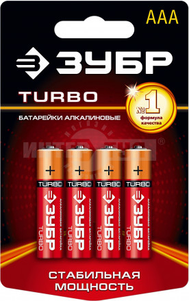 Батарейка Зубр "СУПЕР" щелочная (алкалиновая), тип AAA, 1,5В, 4шт на карточке [2]  купить в Хабаровске