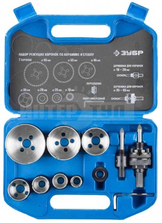 Набор ЗУБР Коронки "ЭКСПЕРТ" алмазные с оснасткой, переходник, D 19,25 28,35,45,55,65мм, 7 предметов купить в Хабаровске